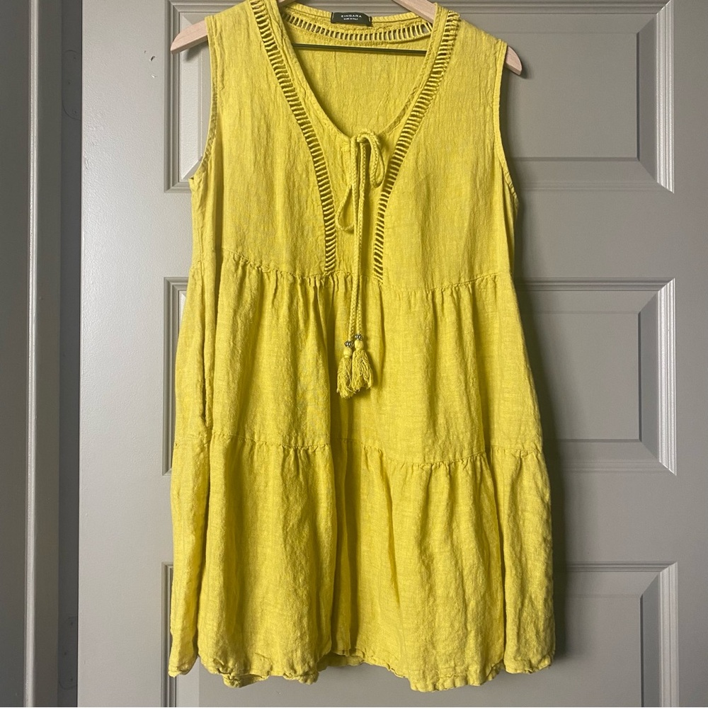 Zingara Linen Yellow Sun Dress Beach Cover-Up Oversized Blouse with pockets